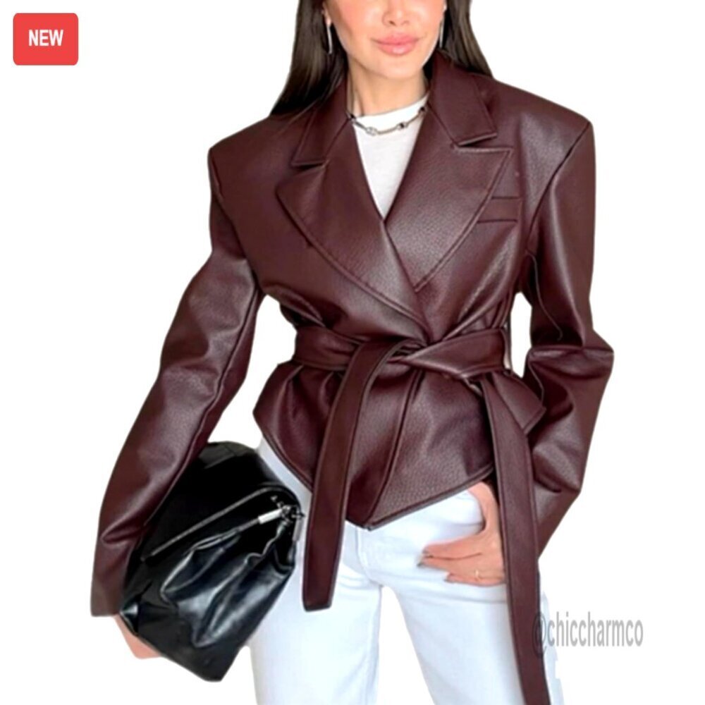 Vintage Style Faux Leather Motorcycle Jacket with Waist Belt S-XXL